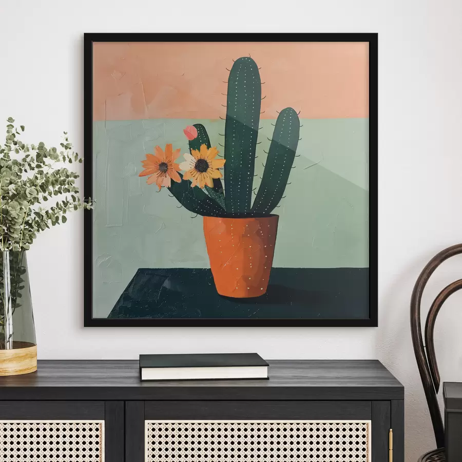 murales de pared Una pintura minimalista de un solo cactus con flores en una paleta de colores atrevidos. f39452