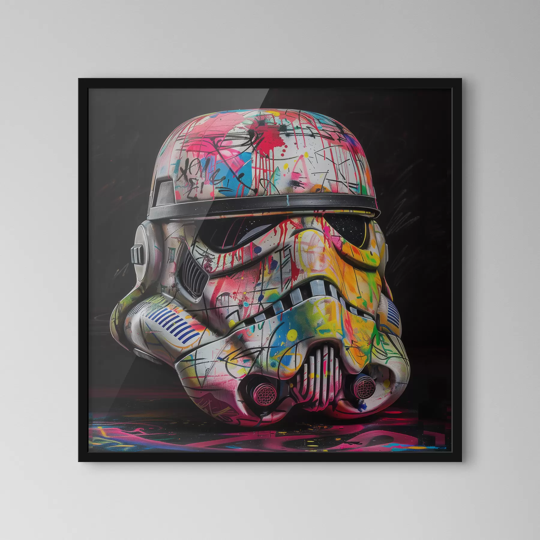 murales de pared Un casco de soldado de asalto de Star Wars cubierto de vibrantes arte callejero y graffiti. f39453