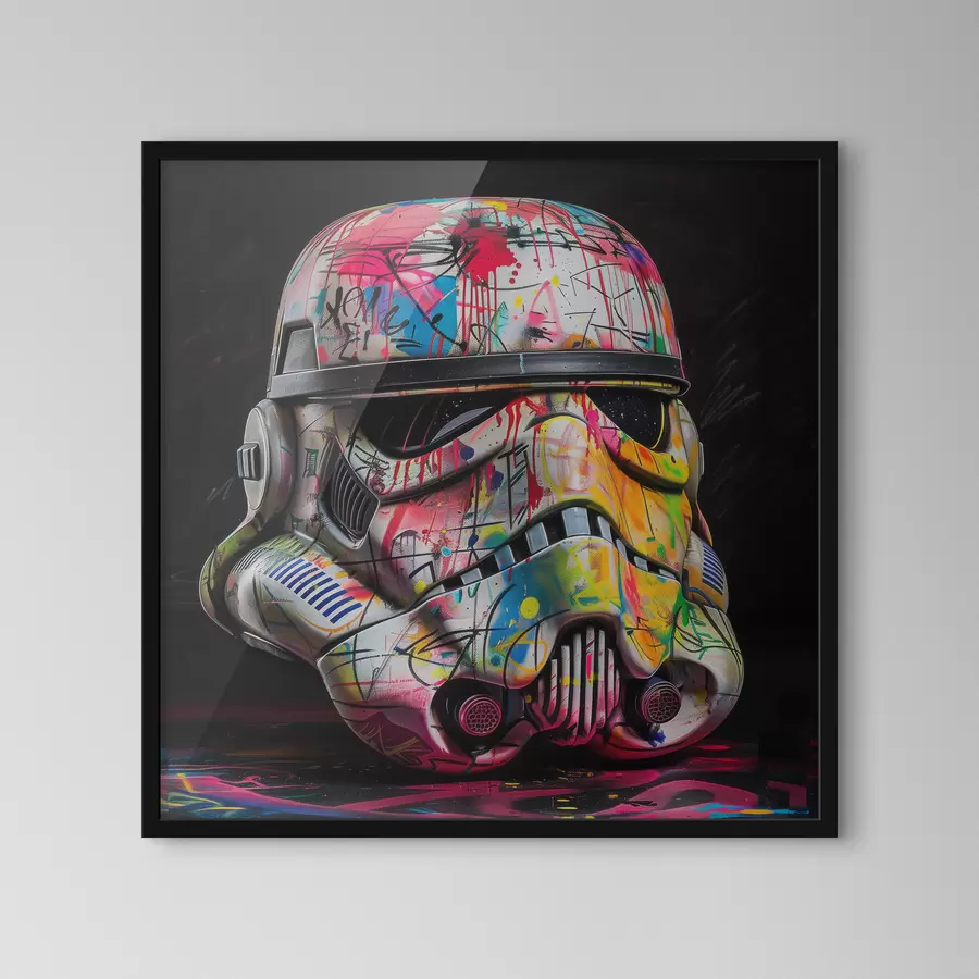 murales de pared Un casco de soldado de asalto de Star Wars cubierto de vibrantes arte callejero y graffiti. f39453