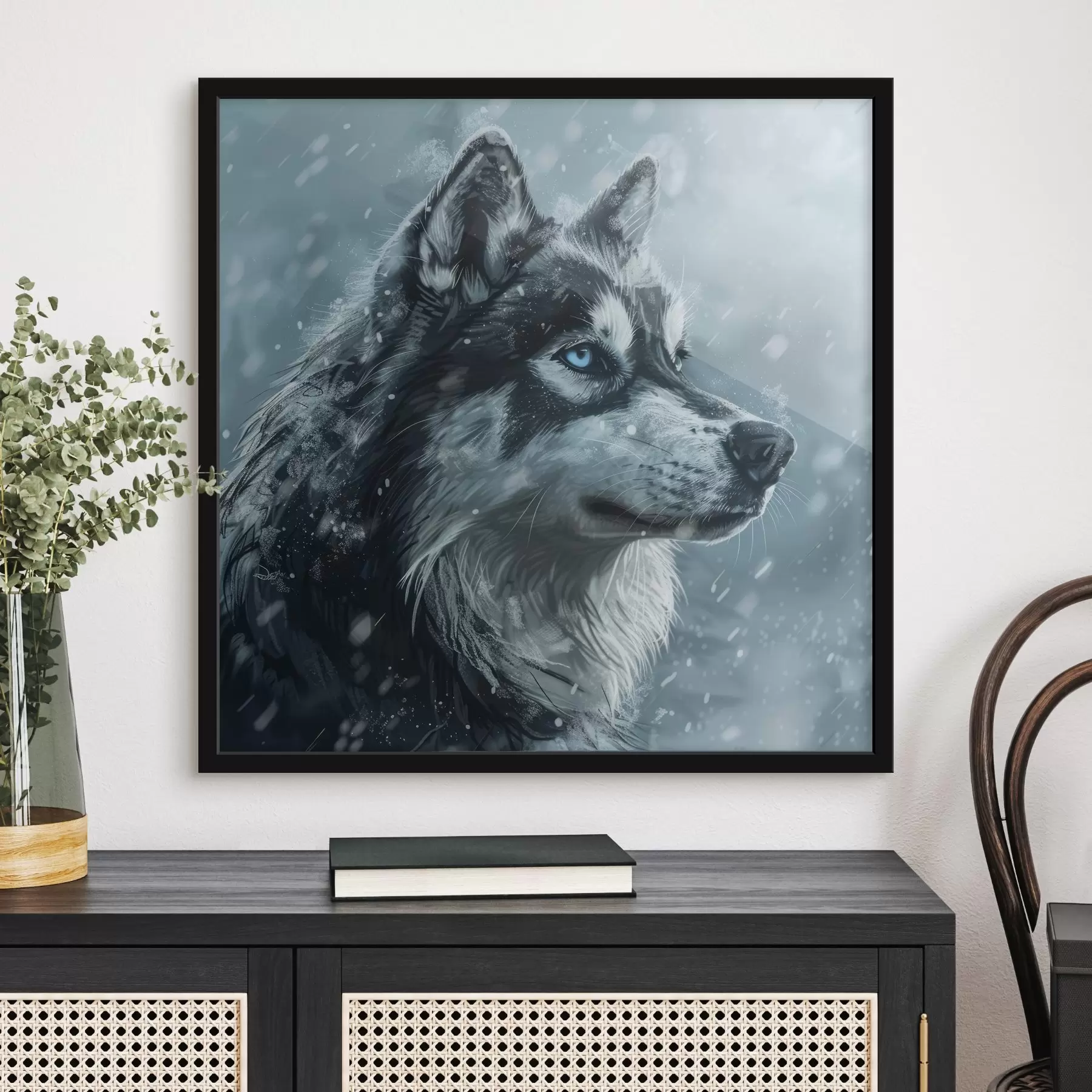 murales de pared Husky con ojos azules sobre fondo azul invernal f39462