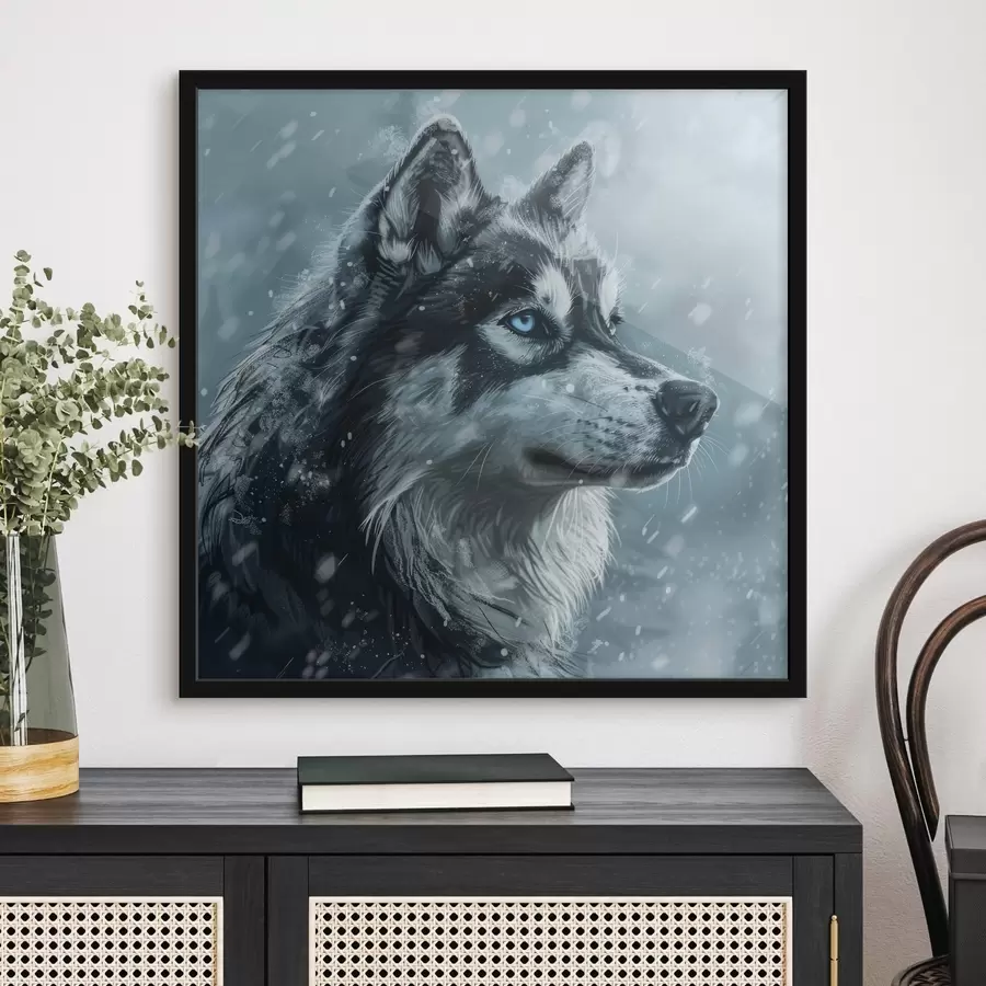murales de pared Husky con ojos azules sobre fondo azul invernal f39462