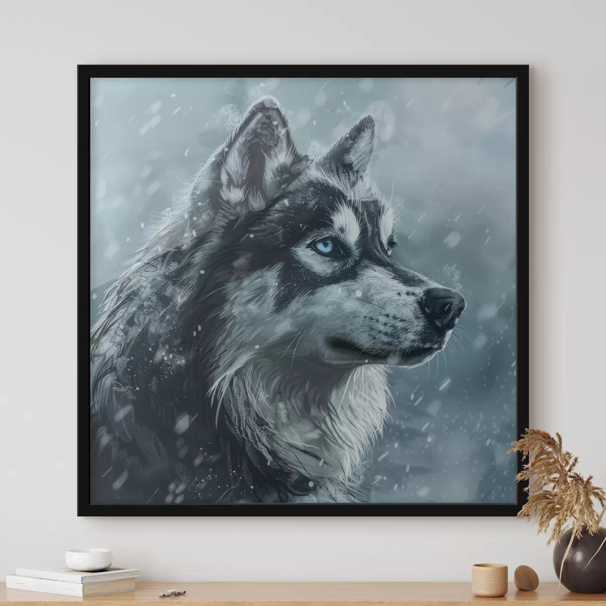 Poster Husky con ojos azules sobre fondo azul invernal f39462