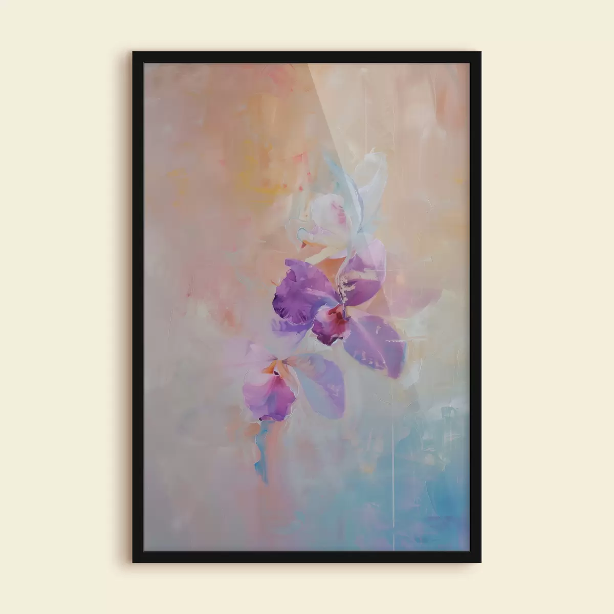 Poster Cuadro impresionista de orquídea, colores pastel claros, estampado botánico semiabstracto, con fondo neutro f39463