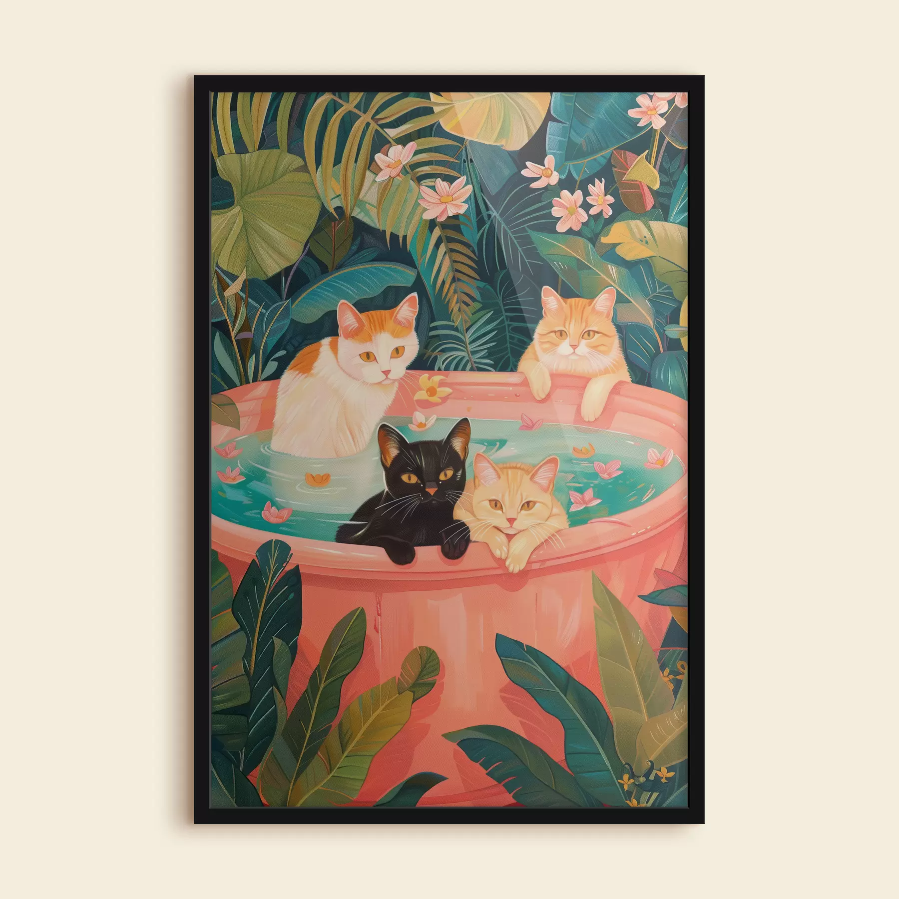 murales de pared Gatos en un baño rosa con hojas verdes, ambiente selvático. f39465