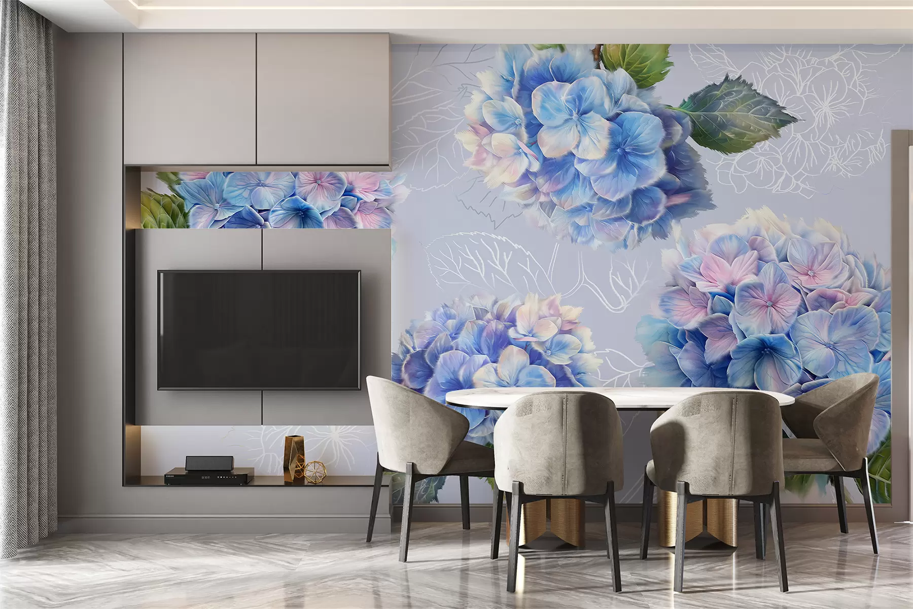 murales de pared Hortensias, dibujo acrílico, arte lineal, botánico, colores violetas. w07942v5