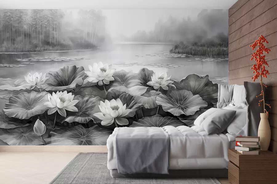 murales de pared Nenúfares, lago del bosque, dibujo acrílico, naturaleza, colores grises w07957v1