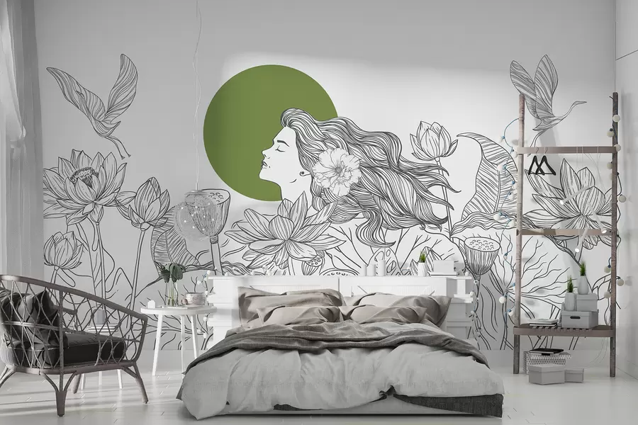 murales de pared Mujer en la naturaleza, dibujo lineal, flores de loto, hojas grandes, pájaros voladores, color gris y verde w07988v3