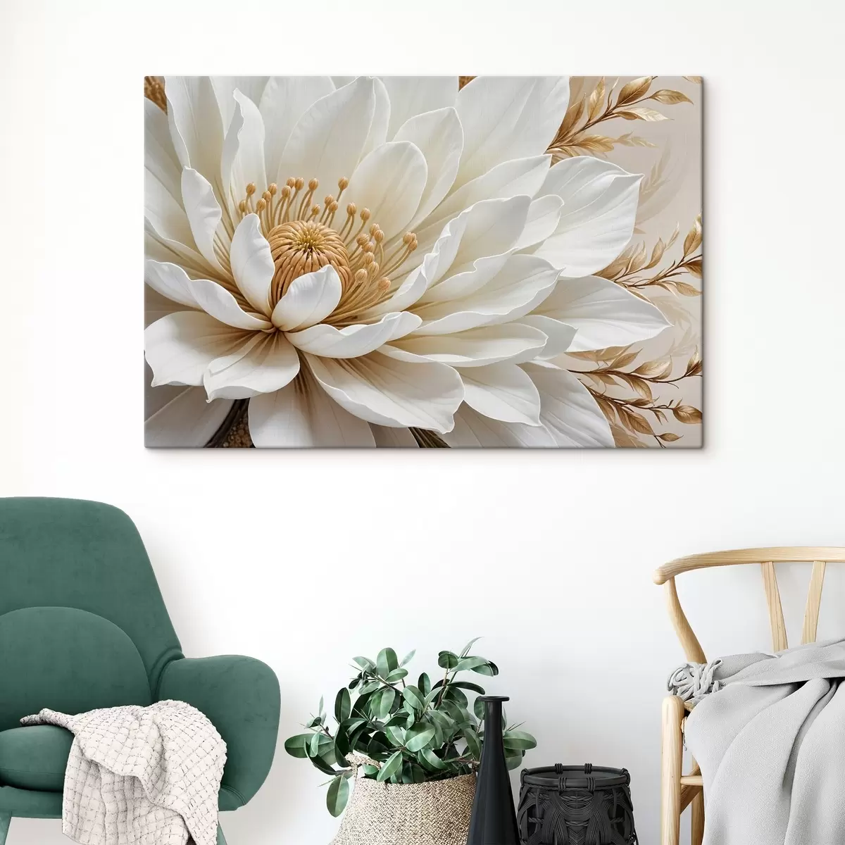 murales de pared Un primer plano de una gran dalia blanca con pétalos delicados y un centro amarillo vibrante s39508