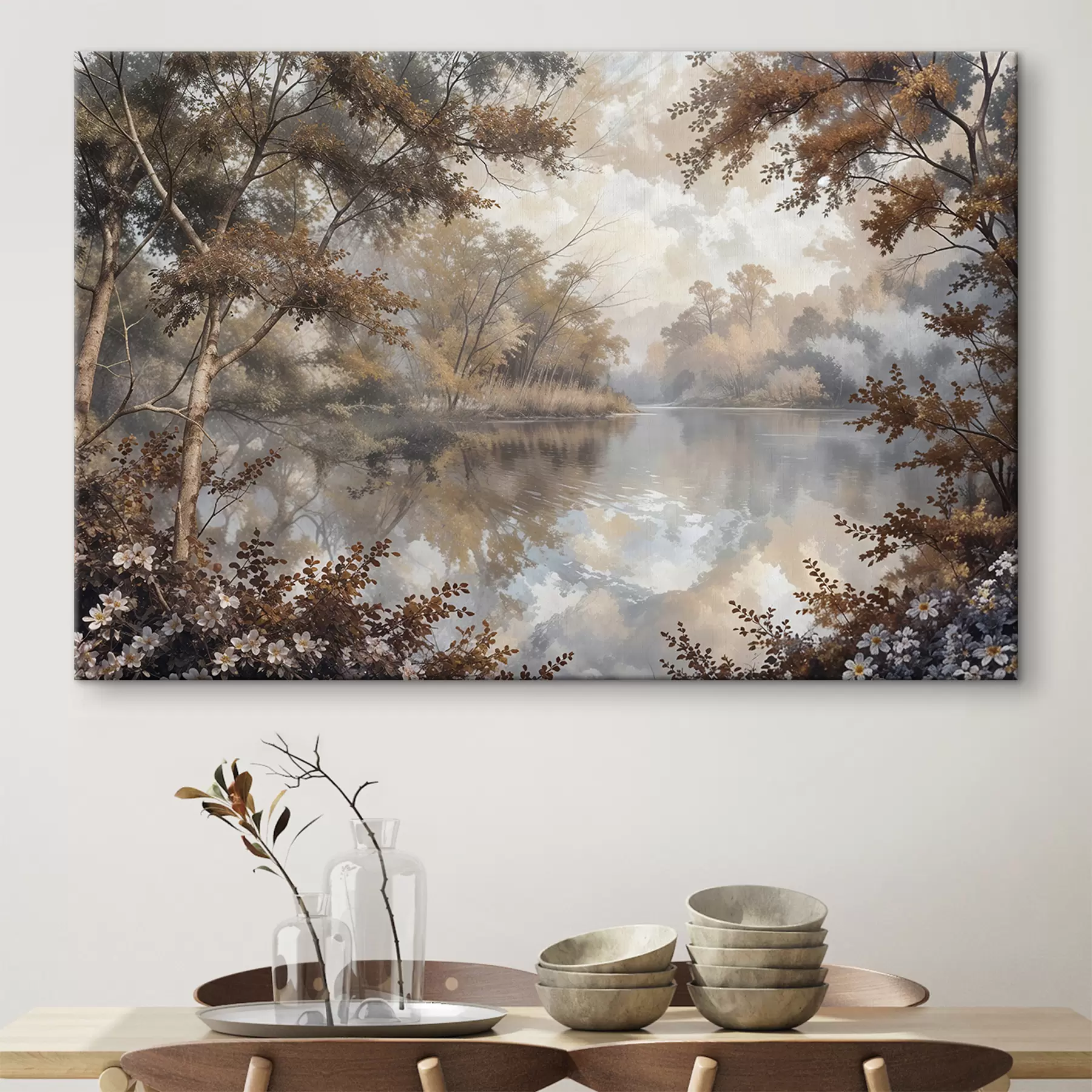 murales de pared Paisaje otoñal con un tranquilo lago rodeado de árboles con vibrante follaje naranja y amarillo s39511