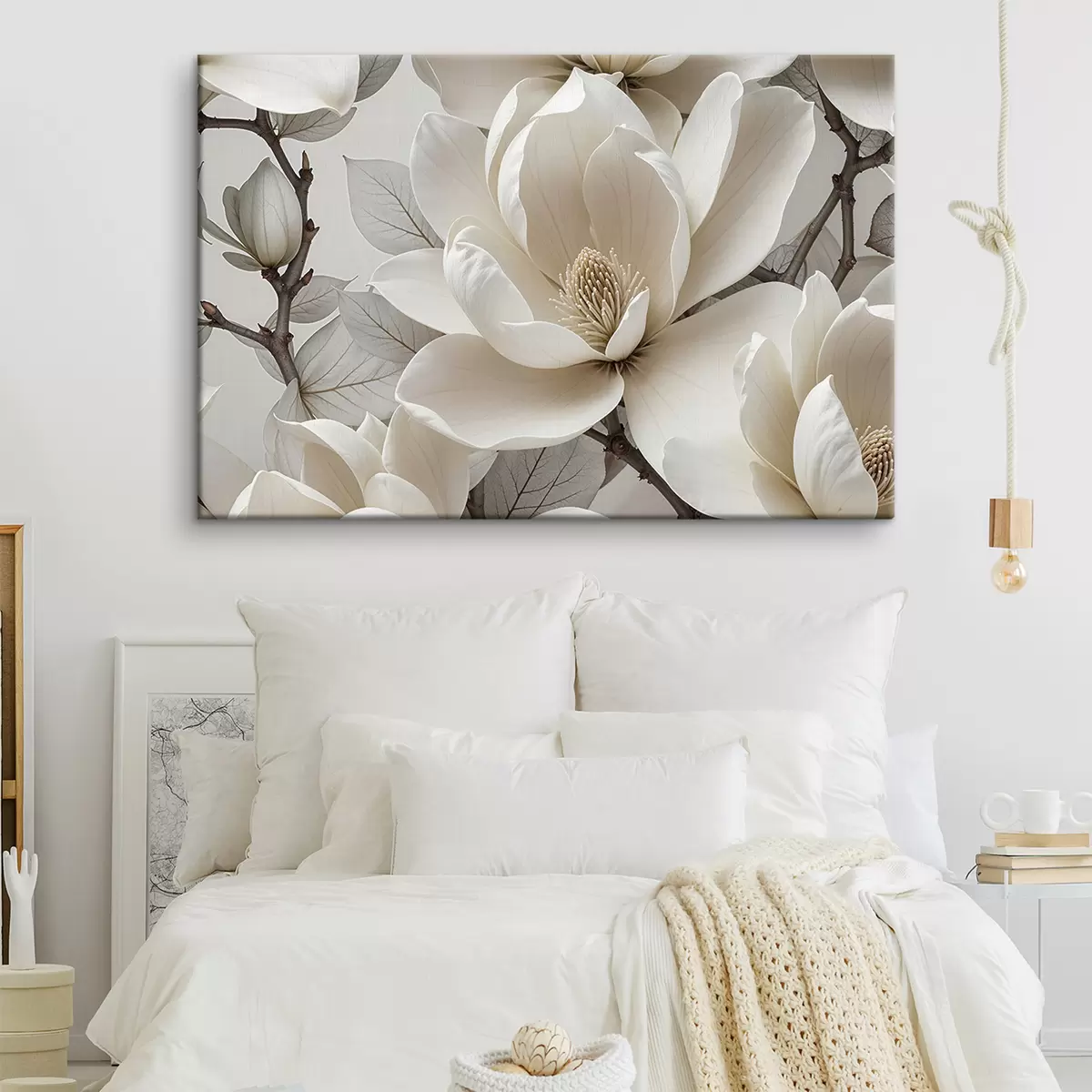 murales de pared Flor de magnolia blanca con delicados pétalos rodeados de hojas verdes sobre un fondo claro s39527