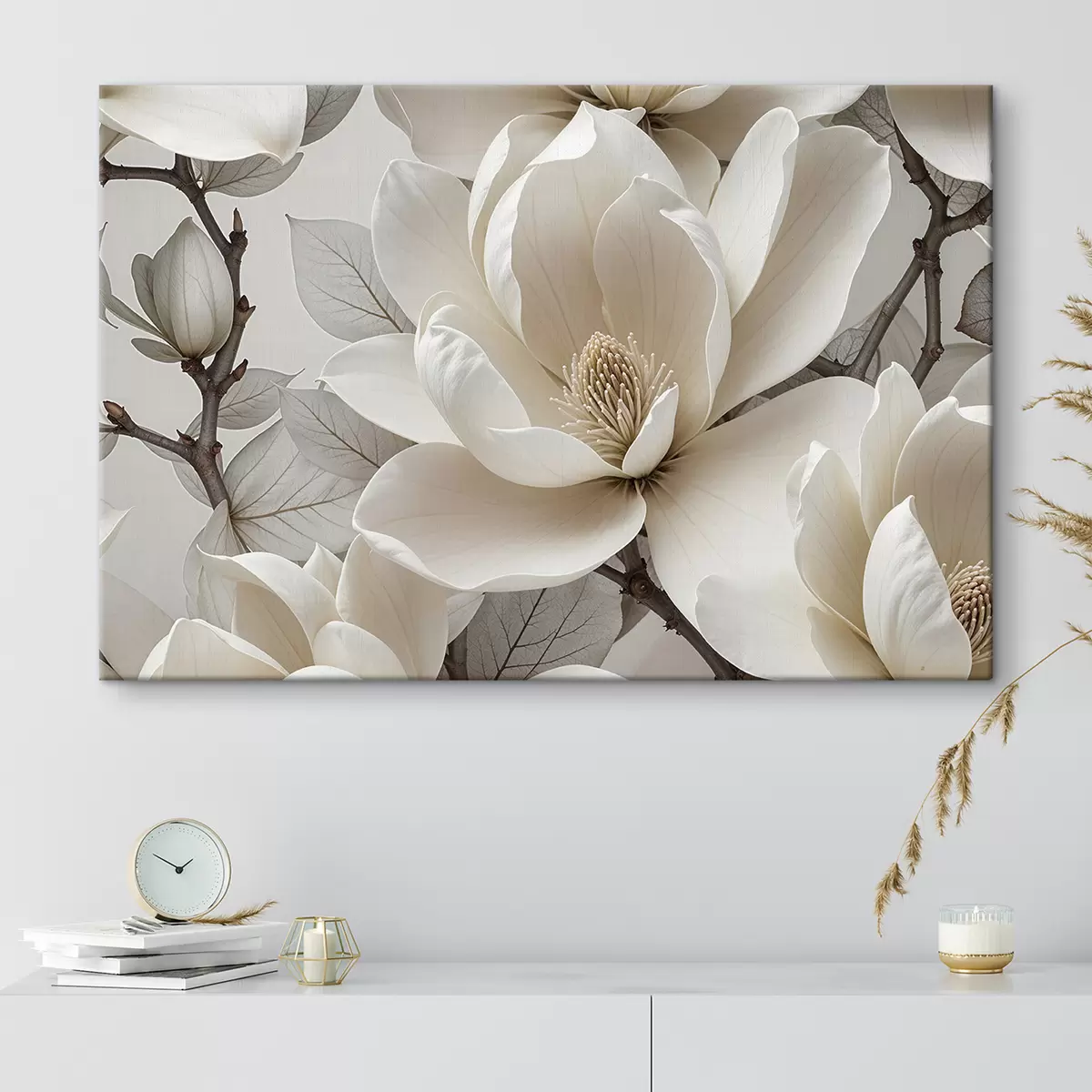 murales de pared Flor de magnolia blanca con delicados pétalos rodeados de hojas verdes sobre un fondo claro s39527