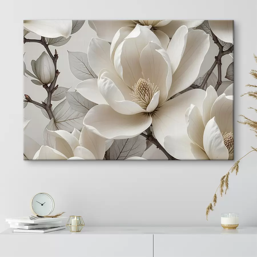 murales de pared Flor de magnolia blanca con delicados pétalos rodeados de hojas verdes sobre un fondo claro s39527