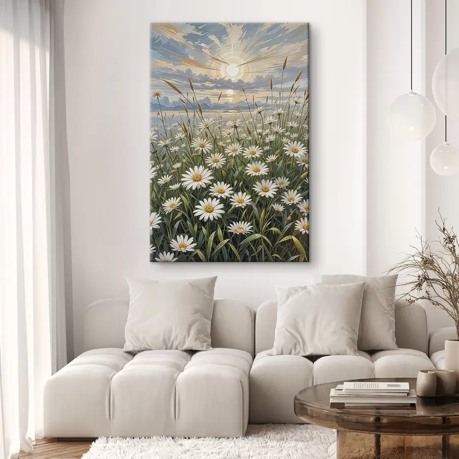 murales de pared Un campo de flores de margaritas blancas en primer plano con un paisaje de montañas y un cielo nublado  s39528