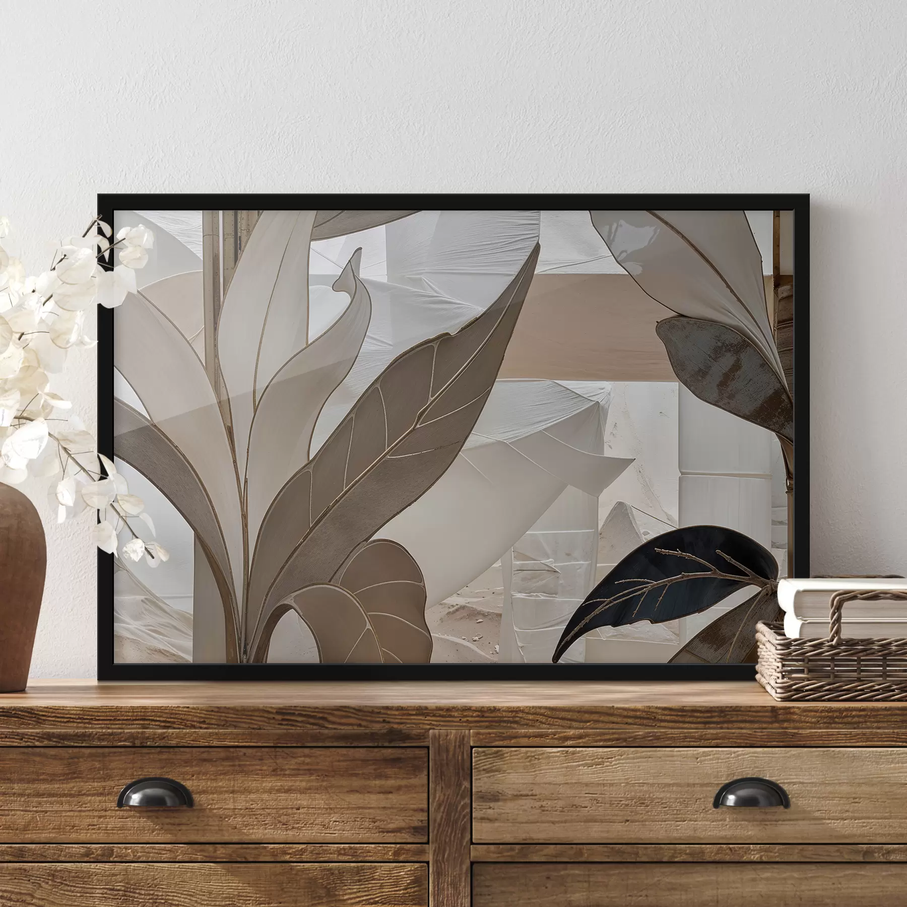 murales de pared Una vista cercana de un patrón geométrico abstracto con formas y texturas superpuestas en tonos beige f39498