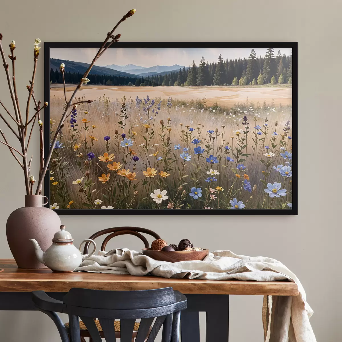 Poster Un campo de coloridas flores silvestres en primer plano, con un lago y montañas al fondo f39502