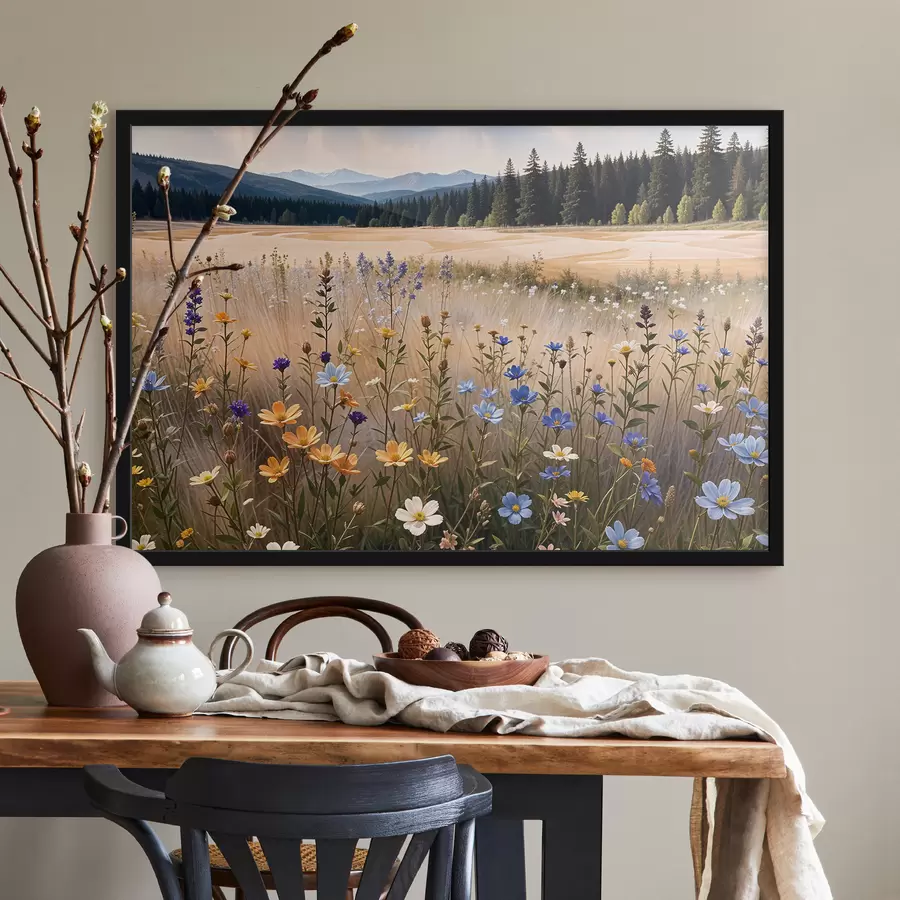 murales de pared Un campo de coloridas flores silvestres en primer plano, con un lago y montañas al fondo f39502