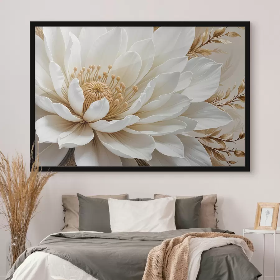 murales de pared Un primer plano de una gran dalia blanca con pétalos delicados y un centro amarillo vibrante f39508