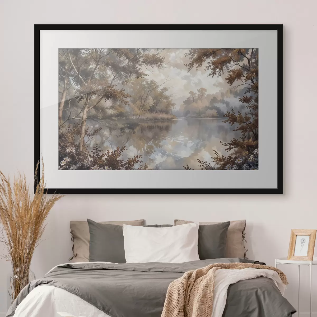Poster Paisaje otoñal con un tranquilo lago rodeado de árboles con vibrante follaje naranja y amarillo f39511