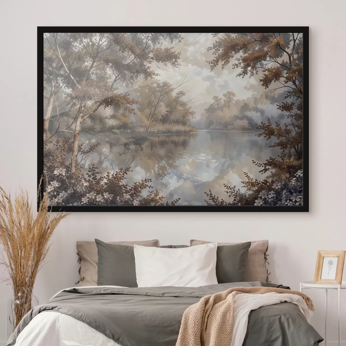 Poster Paisaje otoñal con un tranquilo lago rodeado de árboles con vibrante follaje naranja y amarillo f39511