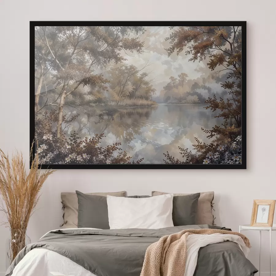 murales de pared Paisaje otoñal con un tranquilo lago rodeado de árboles con vibrante follaje naranja y amarillo f39511