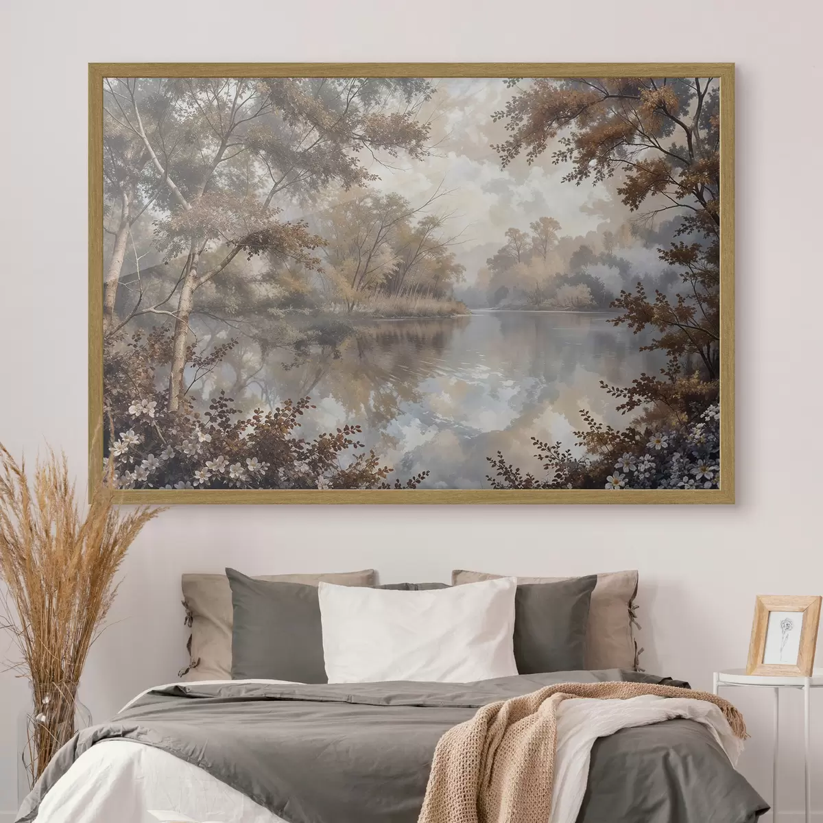 Poster Paisaje otoñal con un tranquilo lago rodeado de árboles con vibrante follaje naranja y amarillo f39511