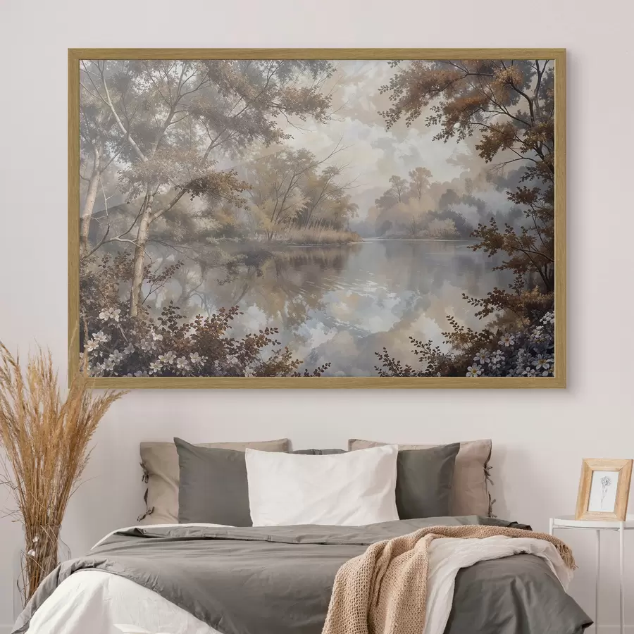 murales de pared Paisaje otoñal con un tranquilo lago rodeado de árboles con vibrante follaje naranja y amarillo f39511