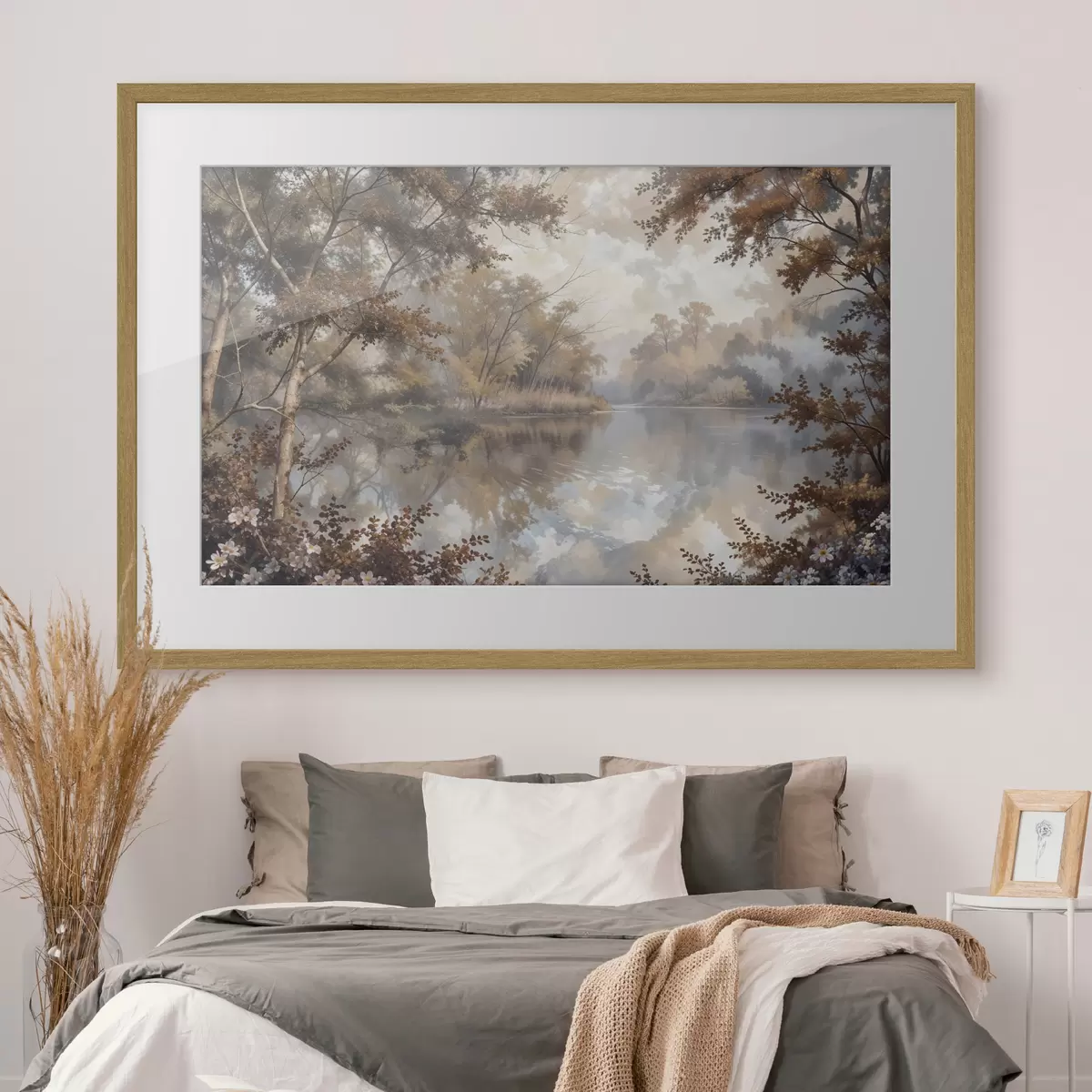 Poster Paisaje otoñal con un tranquilo lago rodeado de árboles con vibrante follaje naranja y amarillo f39511