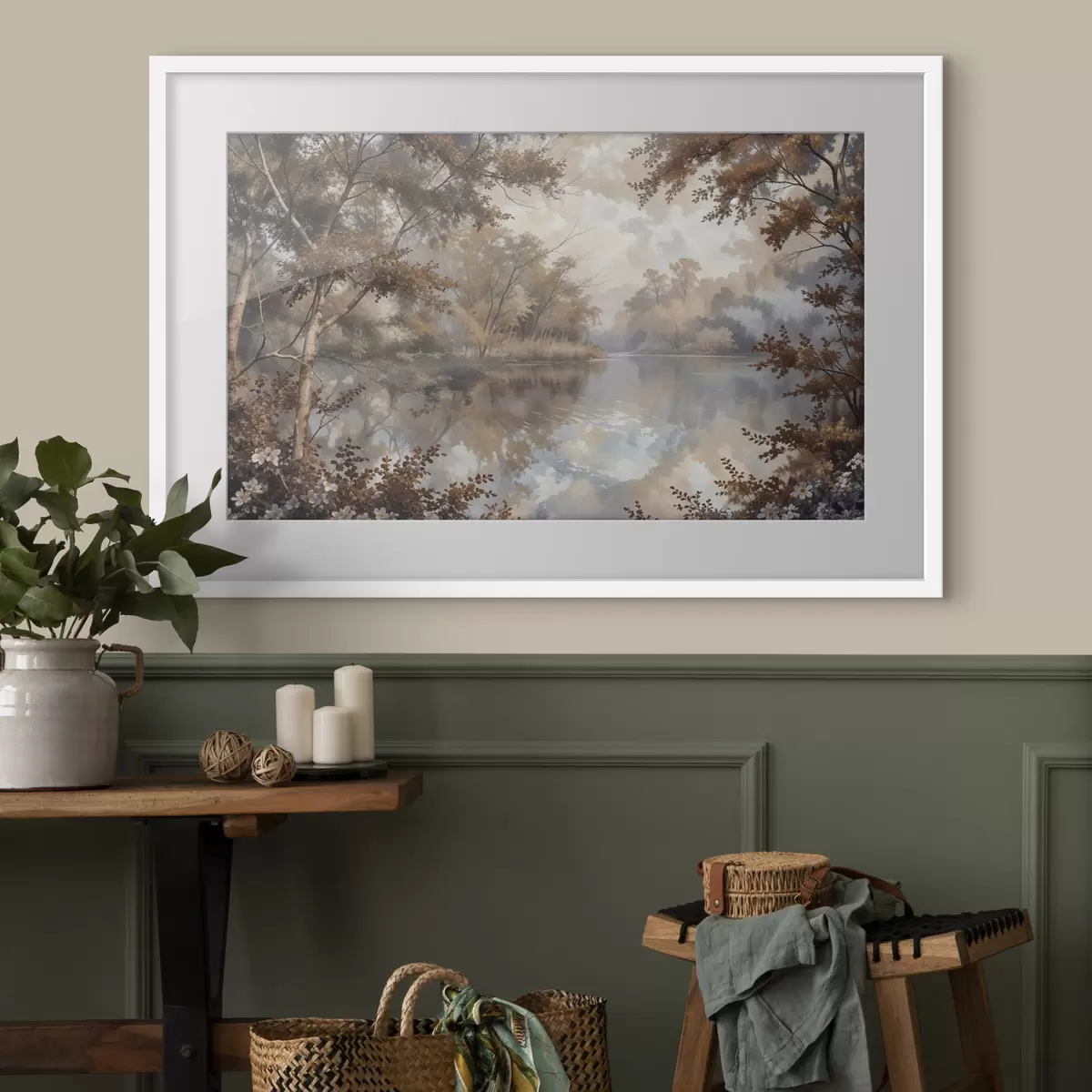 Poster Paisaje otoñal con un tranquilo lago rodeado de árboles con vibrante follaje naranja y amarillo f39511