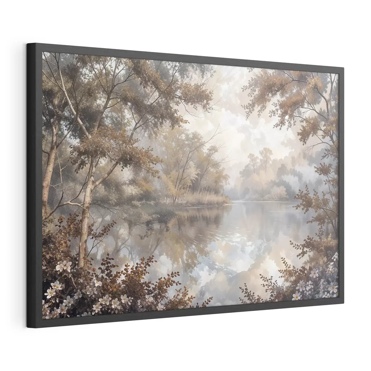 Poster Paisaje otoñal con un tranquilo lago rodeado de árboles con vibrante follaje naranja y amarillo f39511