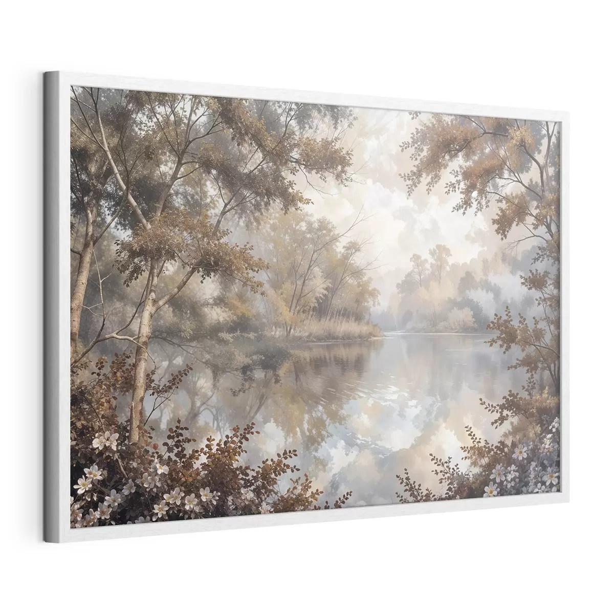 Poster Paisaje otoñal con un tranquilo lago rodeado de árboles con vibrante follaje naranja y amarillo f39511
