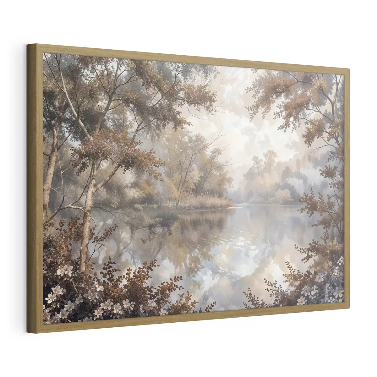Poster Paisaje otoñal con un tranquilo lago rodeado de árboles con vibrante follaje naranja y amarillo f39511
