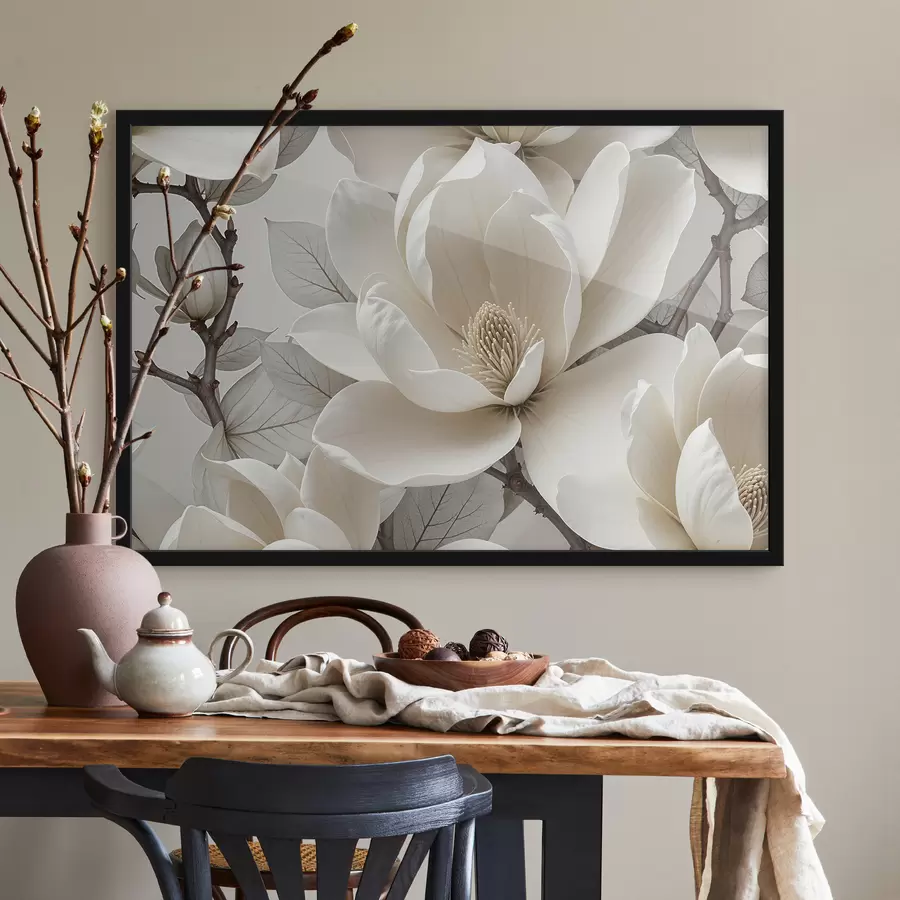 murales de pared Flor de magnolia blanca con delicados pétalos rodeados de hojas verdes sobre un fondo claro f39527