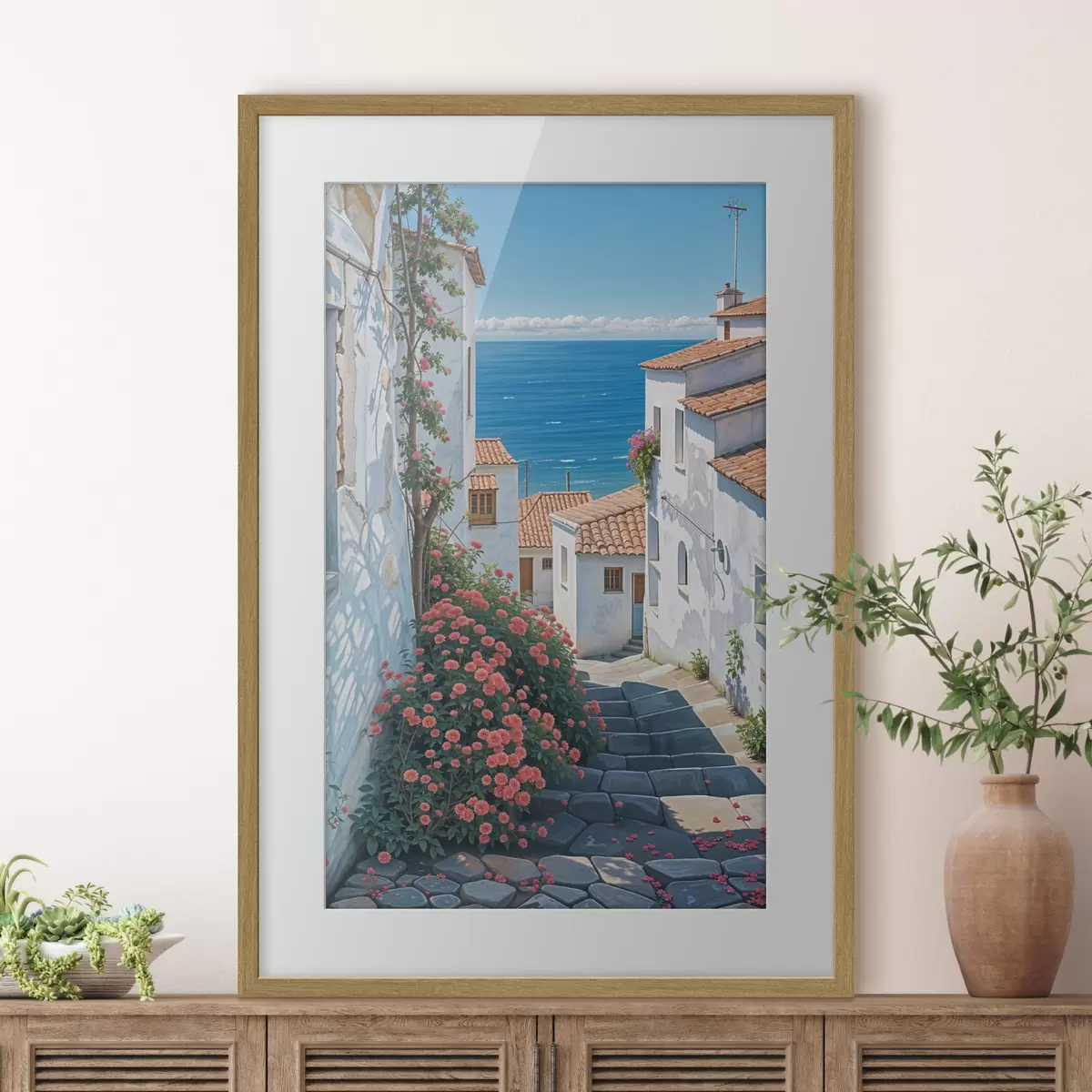 Poster Una calle estrecha en una ciudad costera, con edificios blancos, techos de tejas rojas y flores de color rosa vibrante f39532