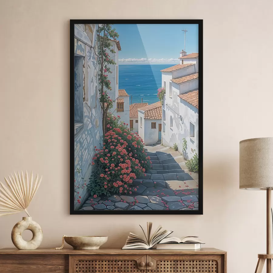 murales de pared Una calle estrecha en una ciudad costera, con edificios blancos, techos de tejas rojas y flores de color rosa vibrante. f39532