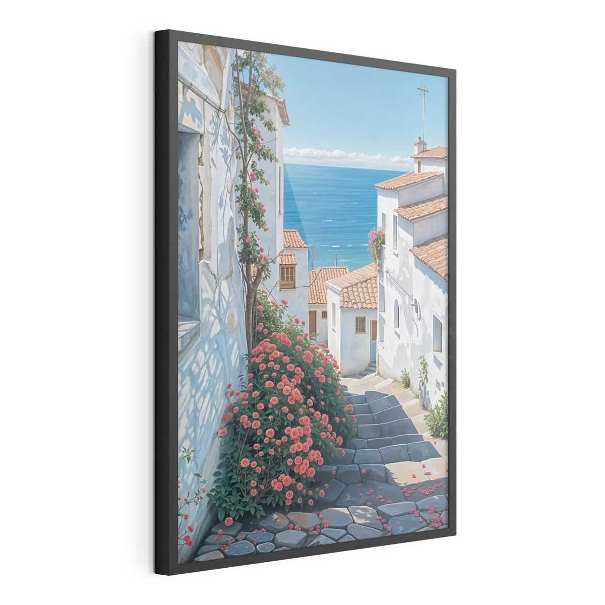 Poster Una calle estrecha en una ciudad costera, con edificios blancos, techos de tejas rojas y flores de color rosa vibrante f39532