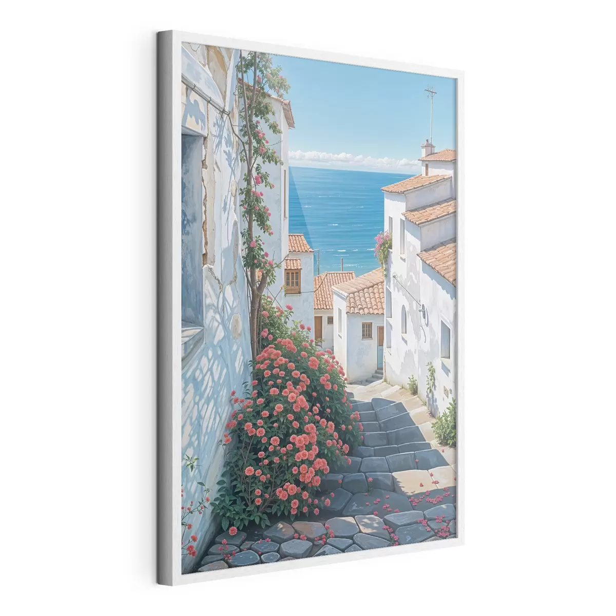 Poster Una calle estrecha en una ciudad costera, con edificios blancos, techos de tejas rojas y flores de color rosa vibrante f39532