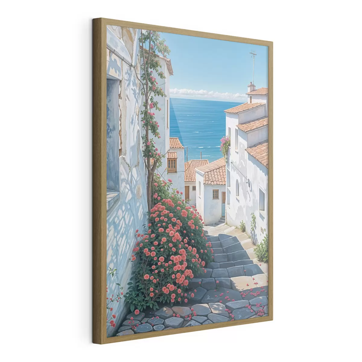 Poster Una calle estrecha en una ciudad costera, con edificios blancos, techos de tejas rojas y flores de color rosa vibrante f39532