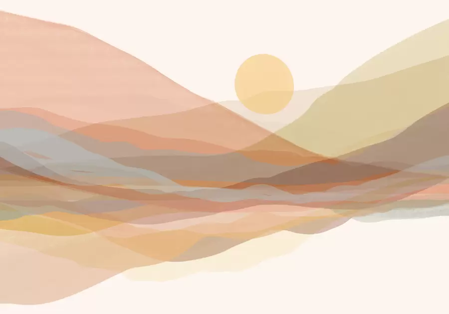 murales de pared Paisaje montañoso con un cálido sol en el cielo, colinas en tonos naranja, amarillo y marrón w07976