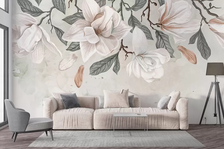 murales de pared Delicadas flores de magnolia rosa y blanca con hojas verdes sobre un fondo claro, una composición floral suave w07977
