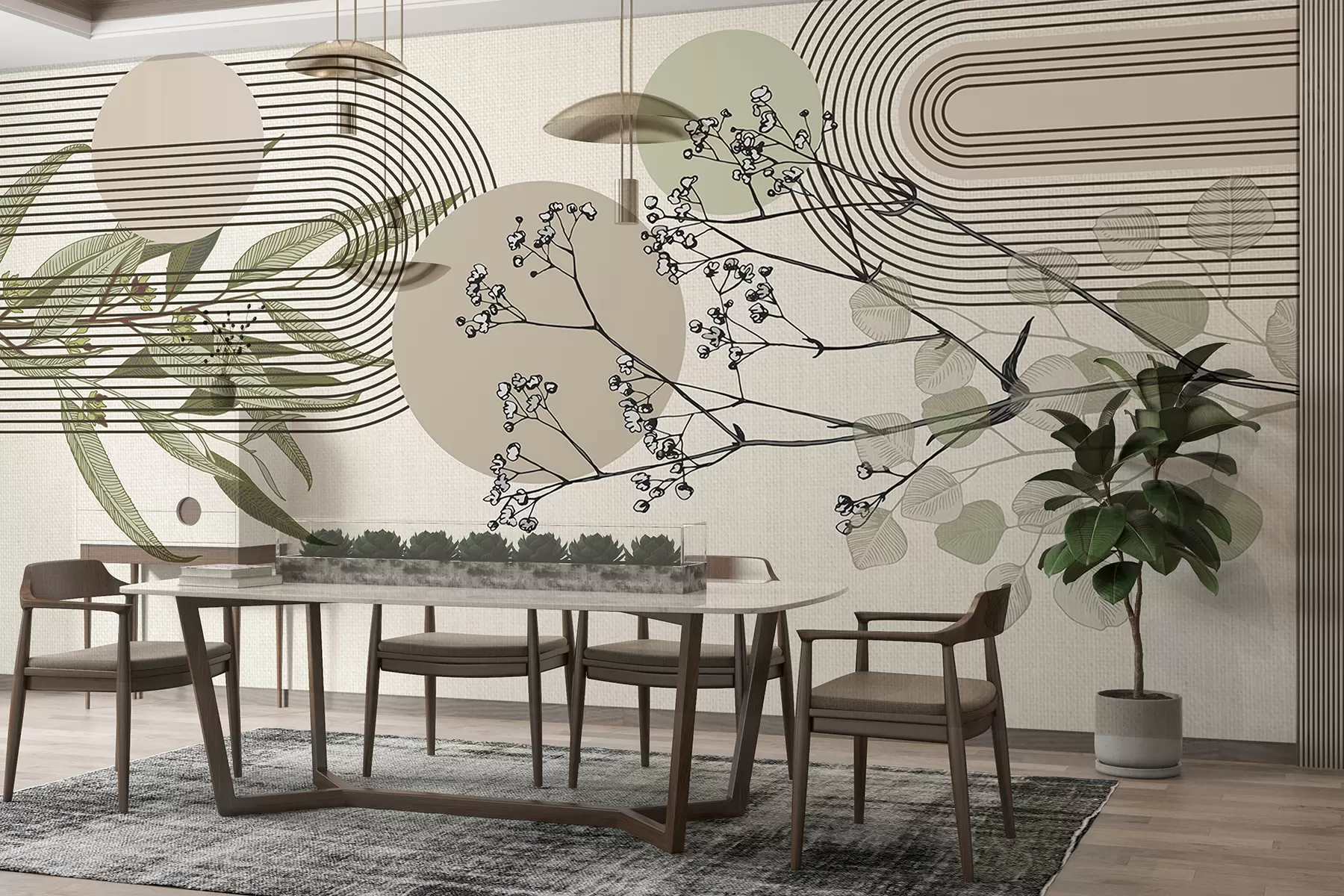 murales de pared Una abstracción minimalista con formas orgánicas, ramas de árboles estilizadas o plantas con delicados detalles florales w07979