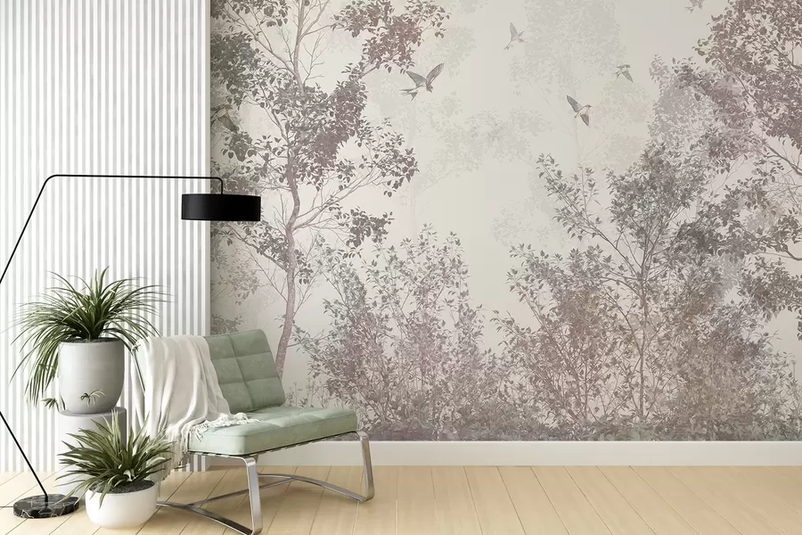 murales de pared Árboles con hojas y ramas marrones y grises con pájaros volando en el cielo, fondo blanco w07982