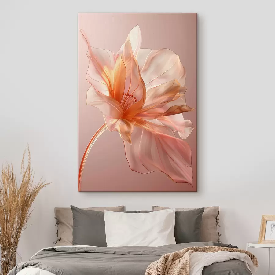 murales de pared Pétalo de flor de melocotón sobre un fondo rosa con líneas fluidas, minimalismo y detalles delicados. s39631