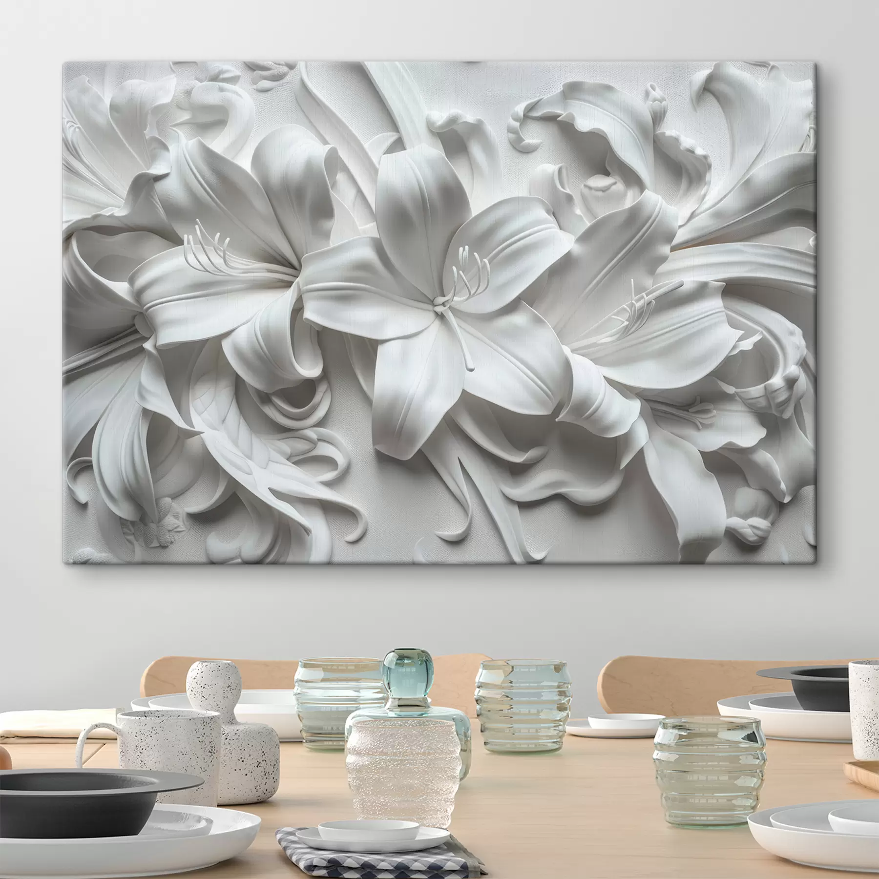 murales de pared Relieve 3d blanco de lirios esculpidos. s39654