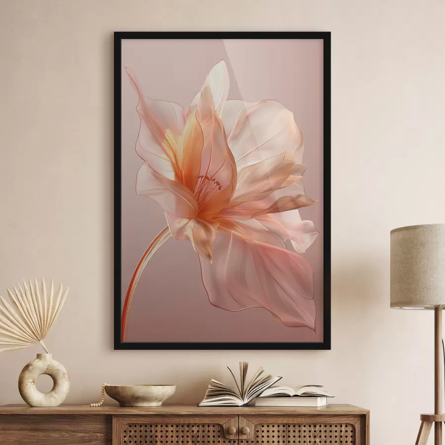 murales de pared Pétalo de flor de melocotón sobre un fondo rosa con líneas fluidas, minimalismo y detalles delicados. f39631