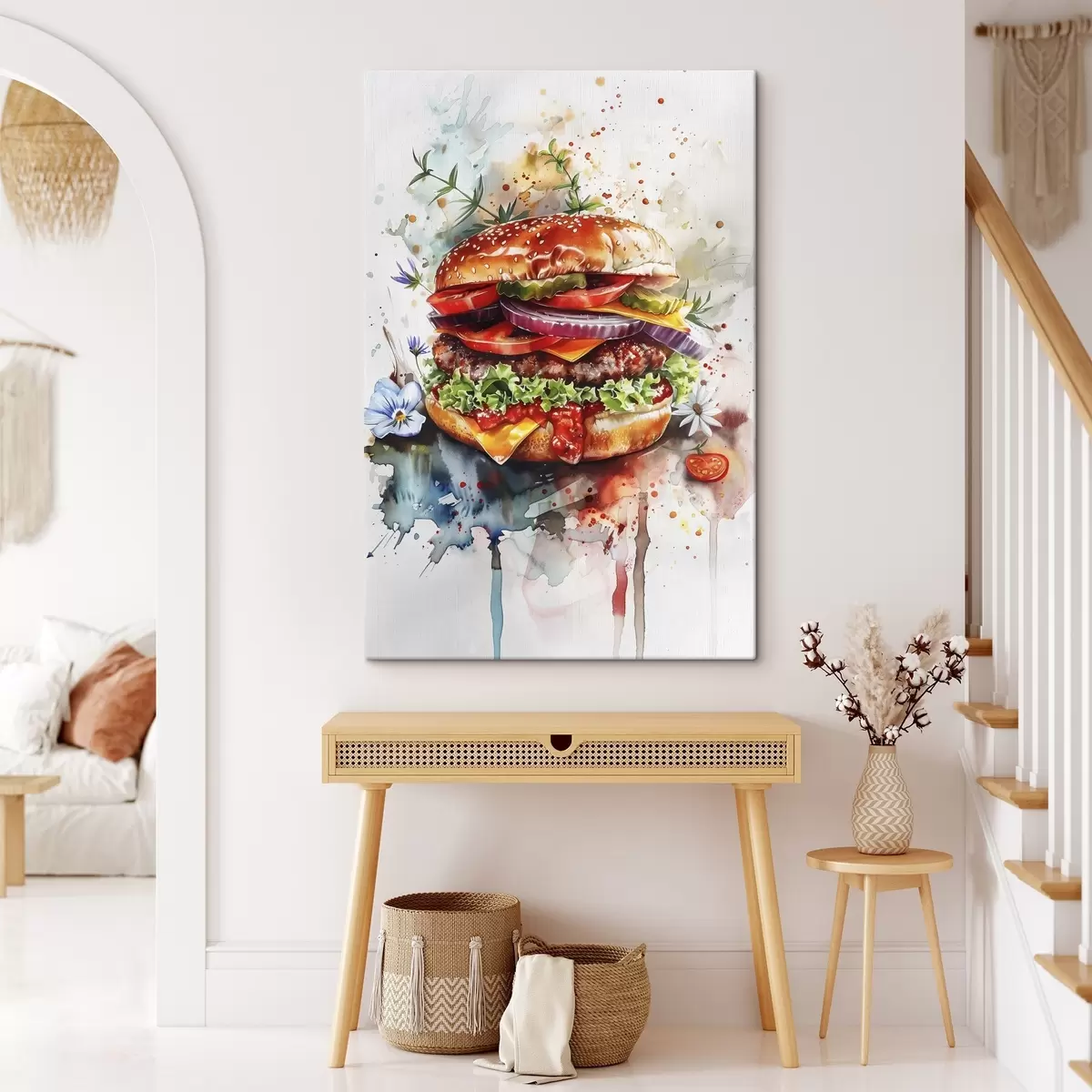 murales de pared Sabrosa hamburguesa con carne, floral, acuarela, arte gastronómico. s39699