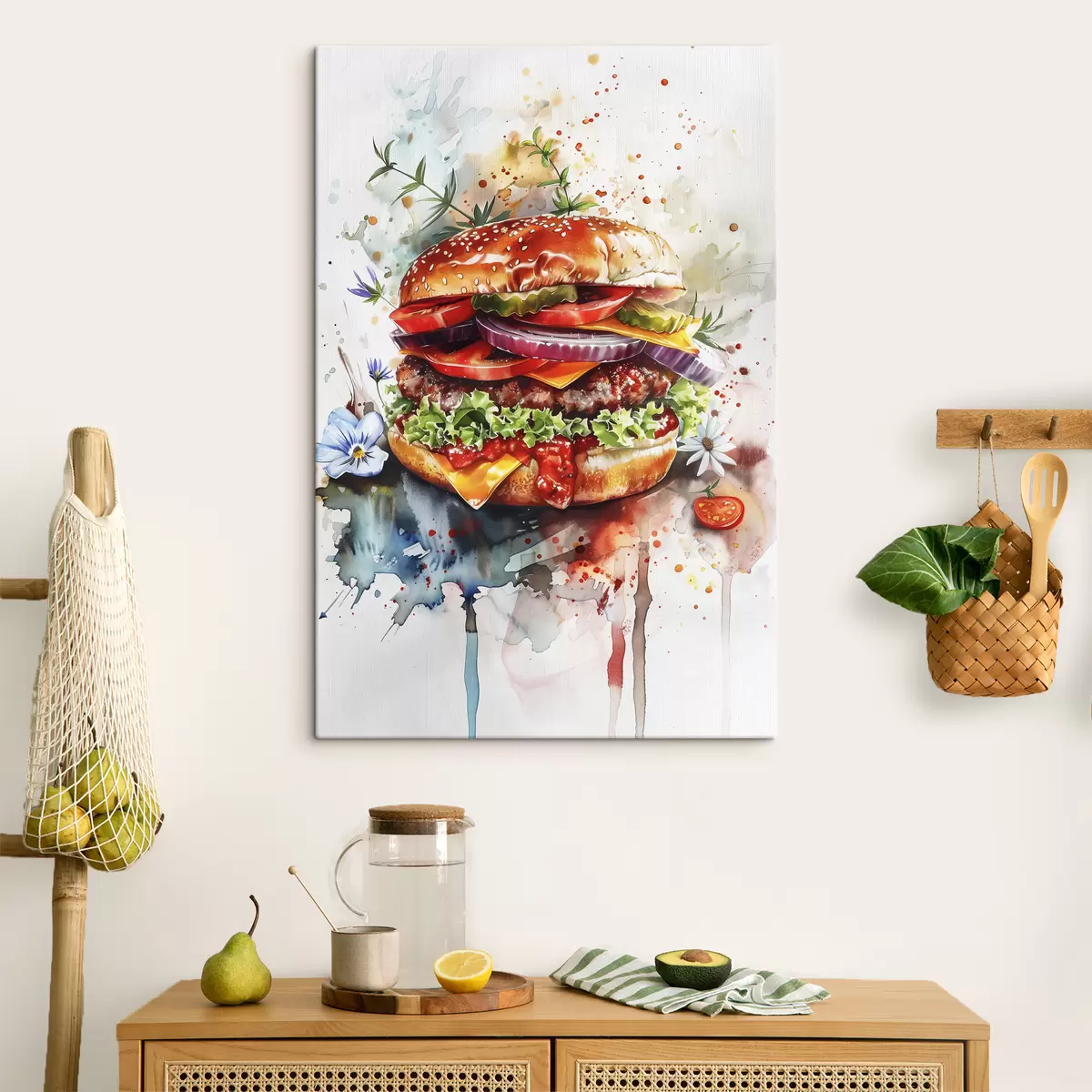 murales de pared Sabrosa hamburguesa con carne, floral, acuarela, arte gastronómico. s39699