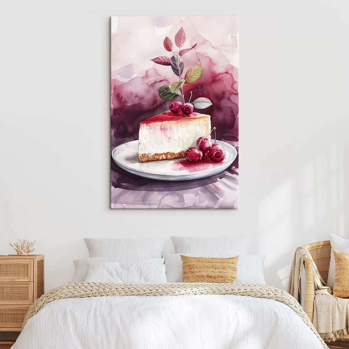 murales de pared Tarta de queso acuarela con cerezas, arte gastronómico elegante, colores rojo y morado s39700