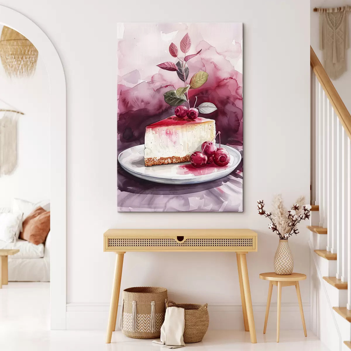 murales de pared Tarta de queso acuarela con cerezas, arte gastronómico elegante, colores rojo y morado s39700