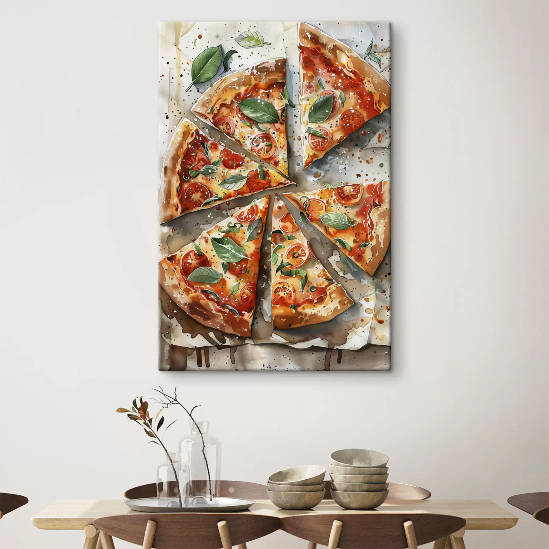 murales de pared Deliciosa pizza italiana, acuarela, margarita, tomates s39703