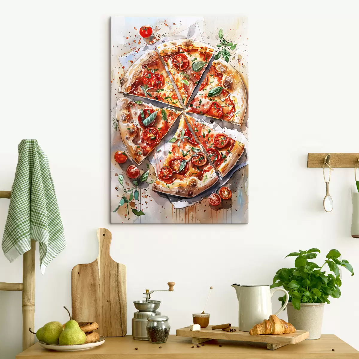 murales de pared Pizza acuarela, deliciosa, tomates y queso, arte alimentario, mesa de madera s39704
